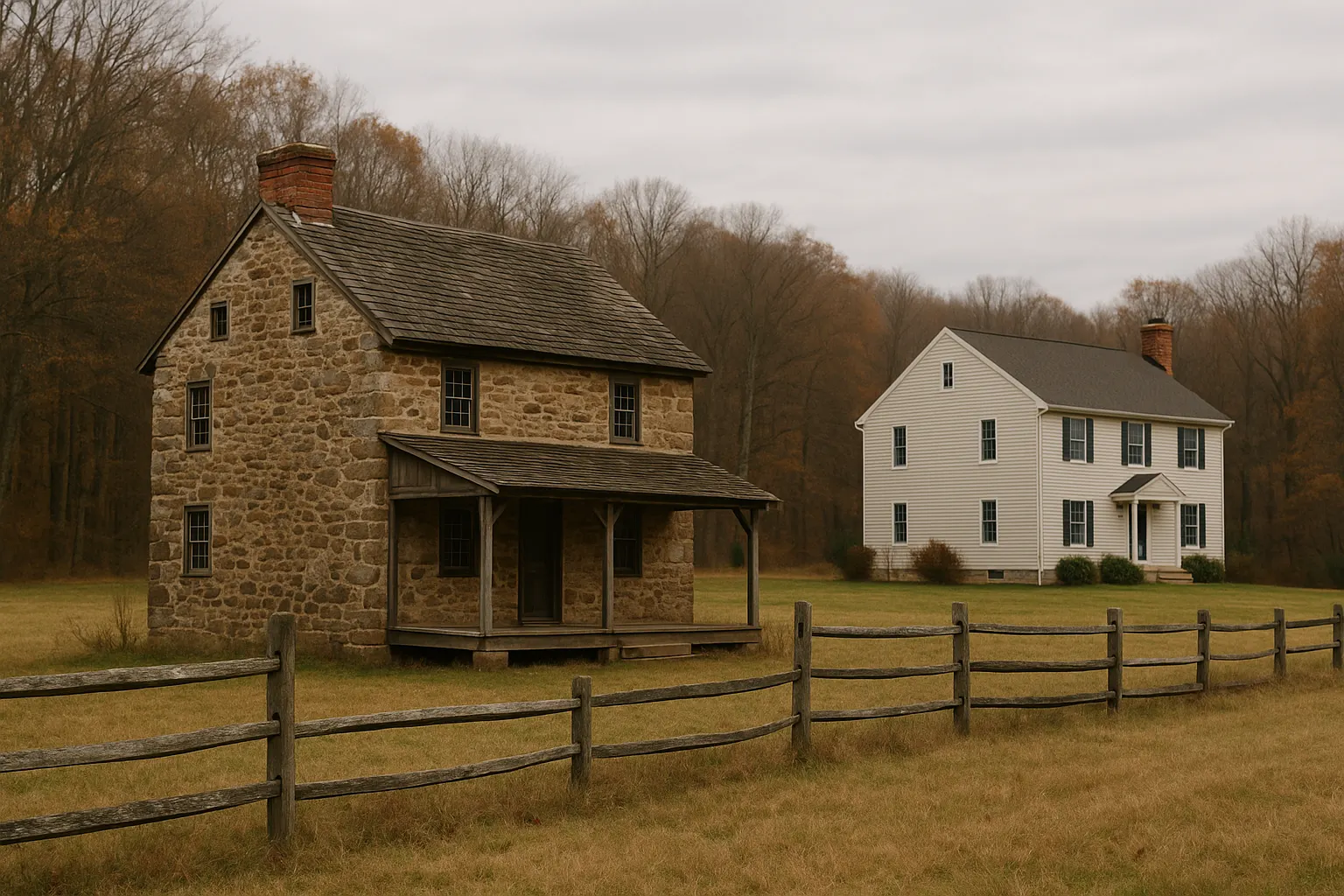 Fieldstone farmhouse beside a newer colonial-style home at the edge of a wooded field in southeastern Pennsylvania
