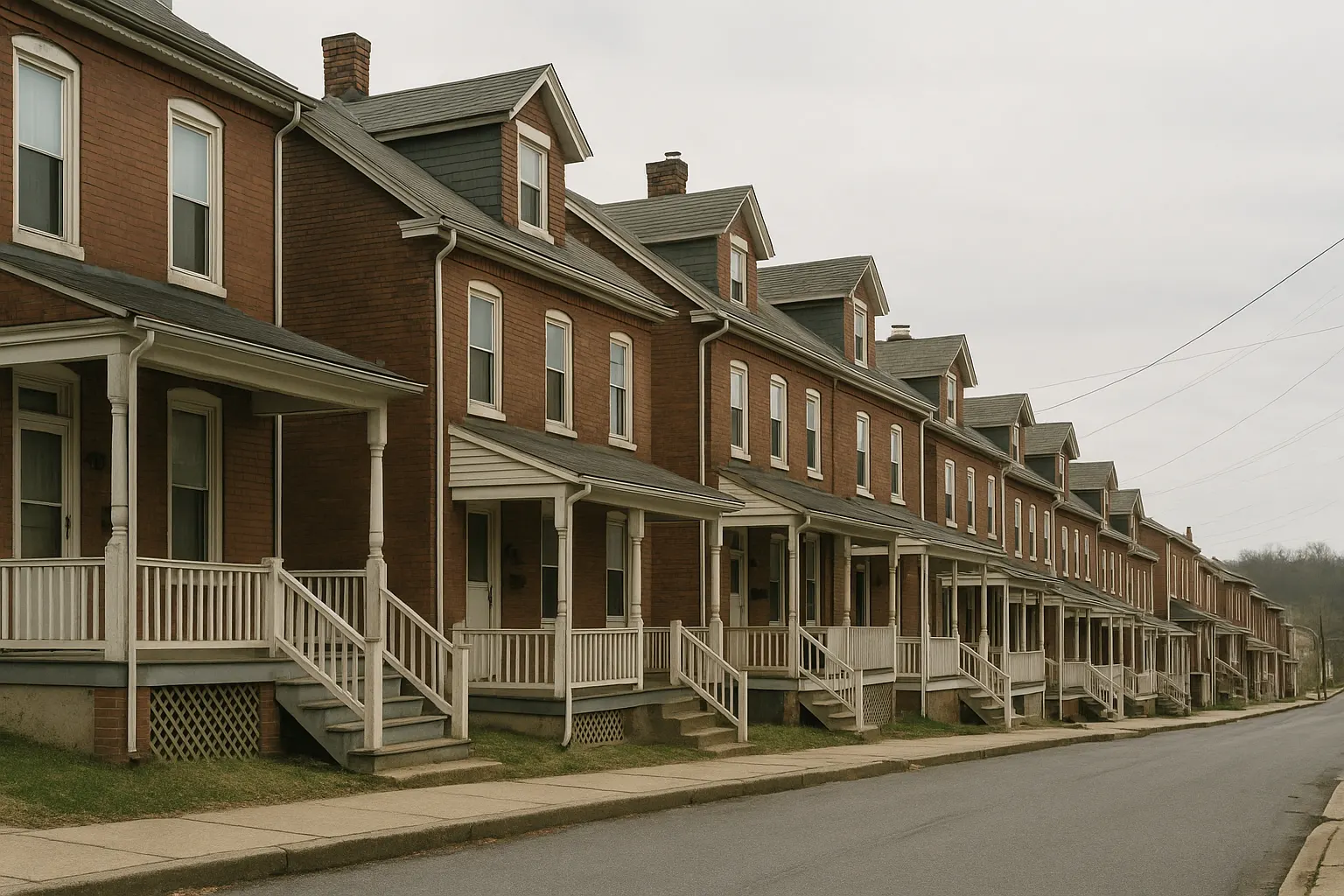 A row of older brick rowhouses with small front porches on a hilly Pennsylvania street