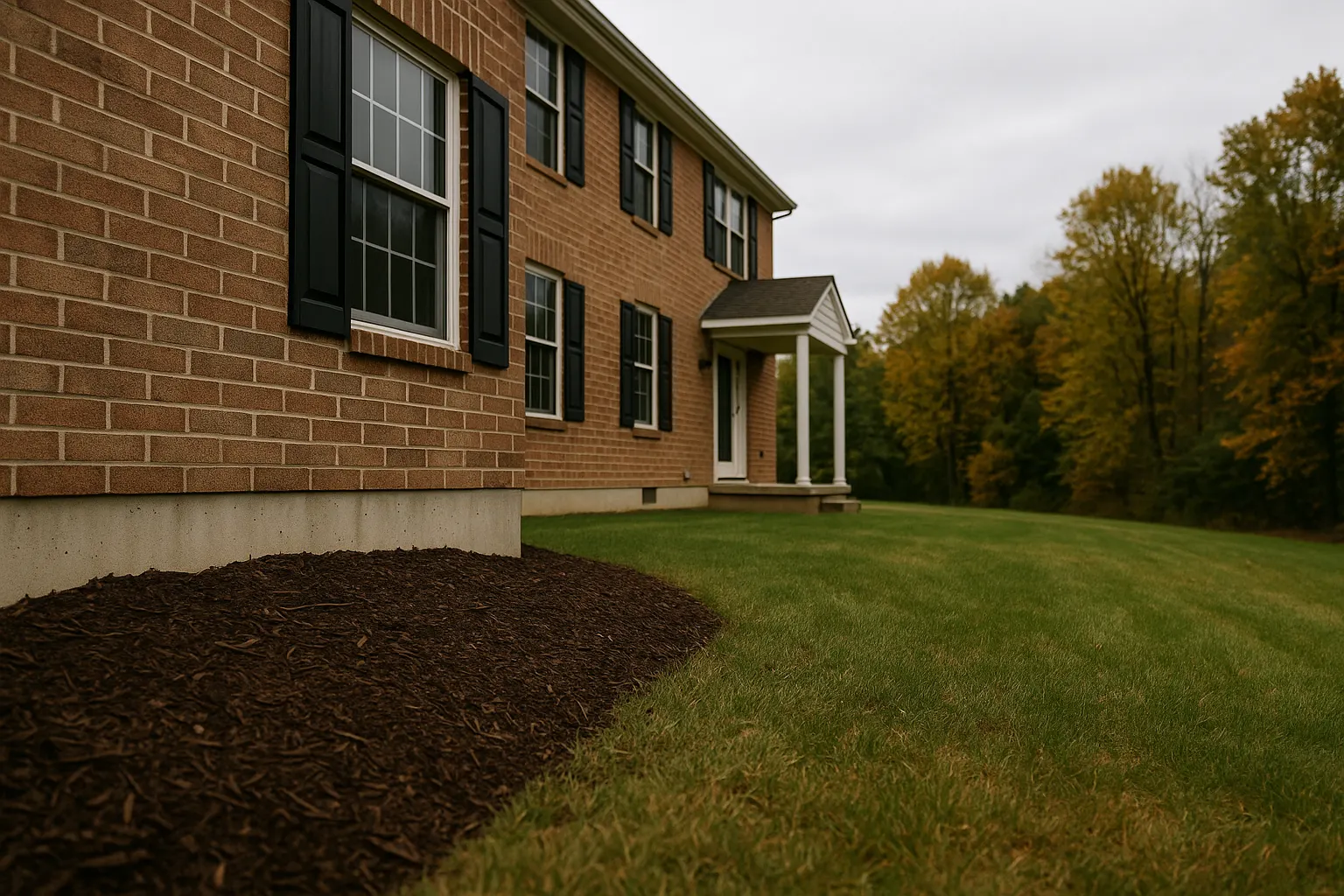 A 1990s two-story colonial with a deep mulch bed along the foundation and a wooded tree line behind the backyard