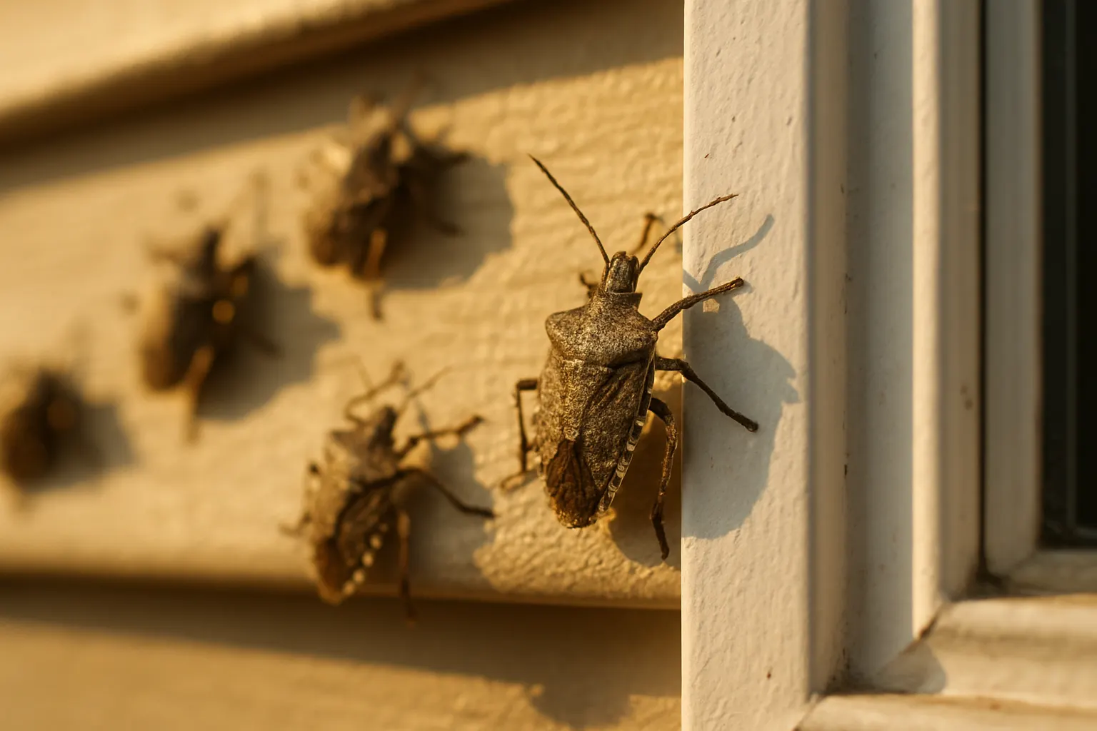Brown marmorated stink bugs gathered on sunny vinyl siding beside a window frame