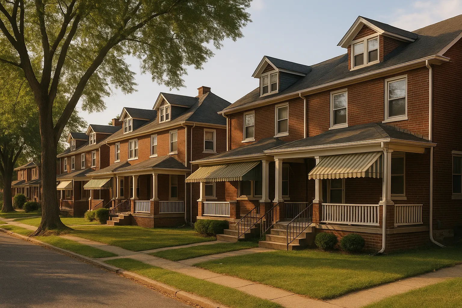 Row of brick twin houses with shared front porches and small lawns on a suburban street near Philadelphia