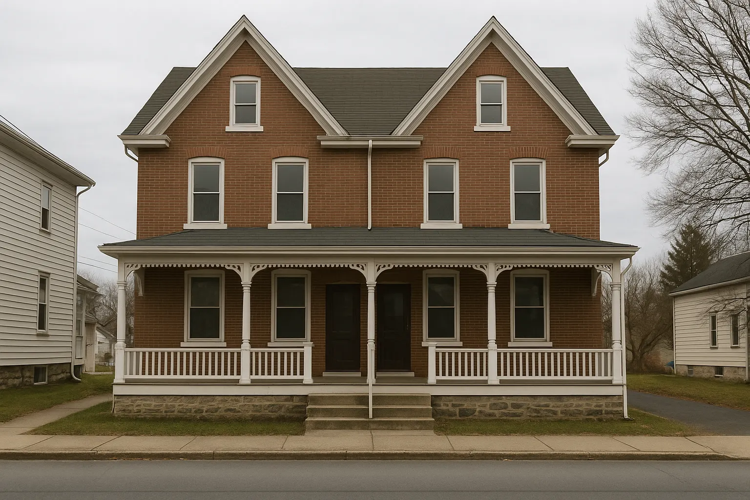 A pair of older brick twin houses with a shared porch roof on a small-town Pennsylvania street