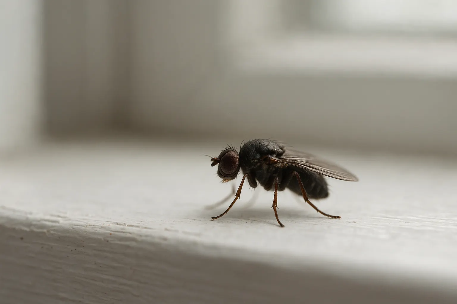 Macro photo of a tiny humpbacked fly resting on a white window sill
