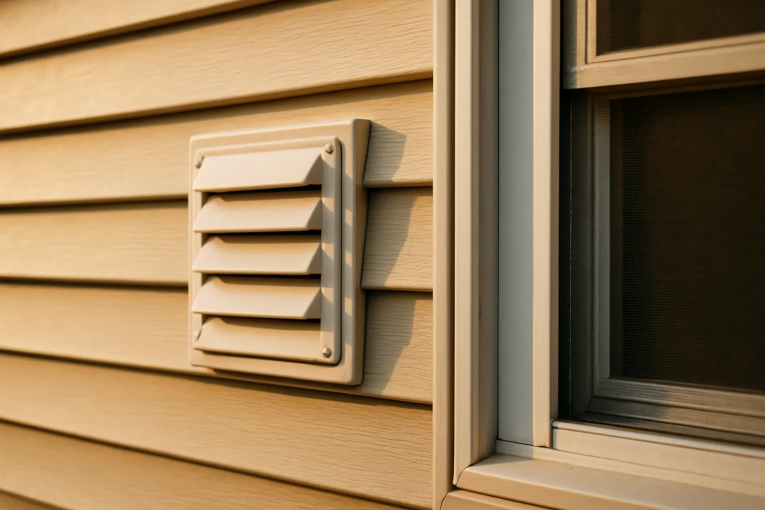 Close view of a bathroom exhaust vent cover and window screen corner on the siding of a house
