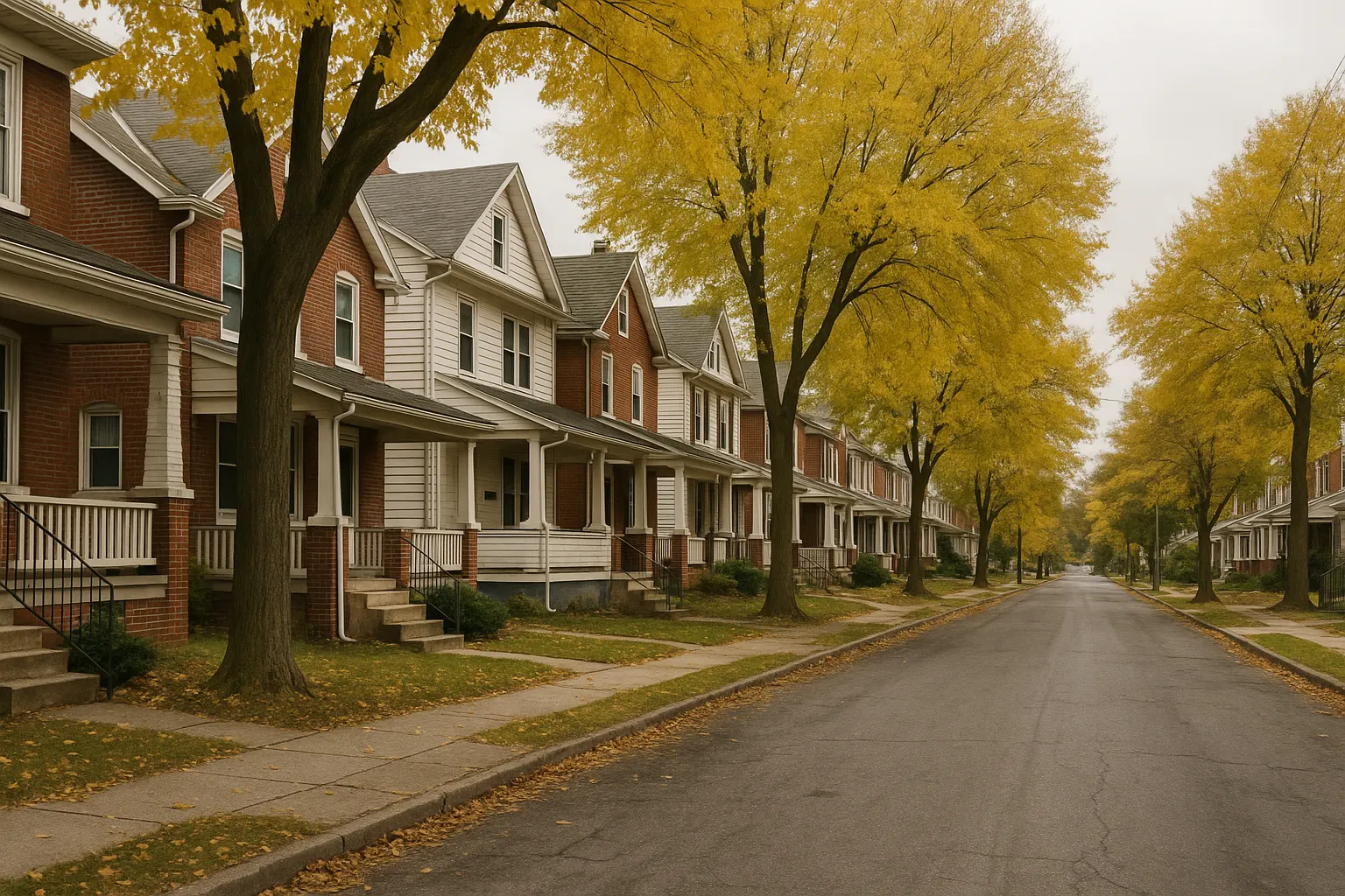 Brick and frame houses from the early 1900s along a small-town street in southern Chester County on an overcast fall afternoon