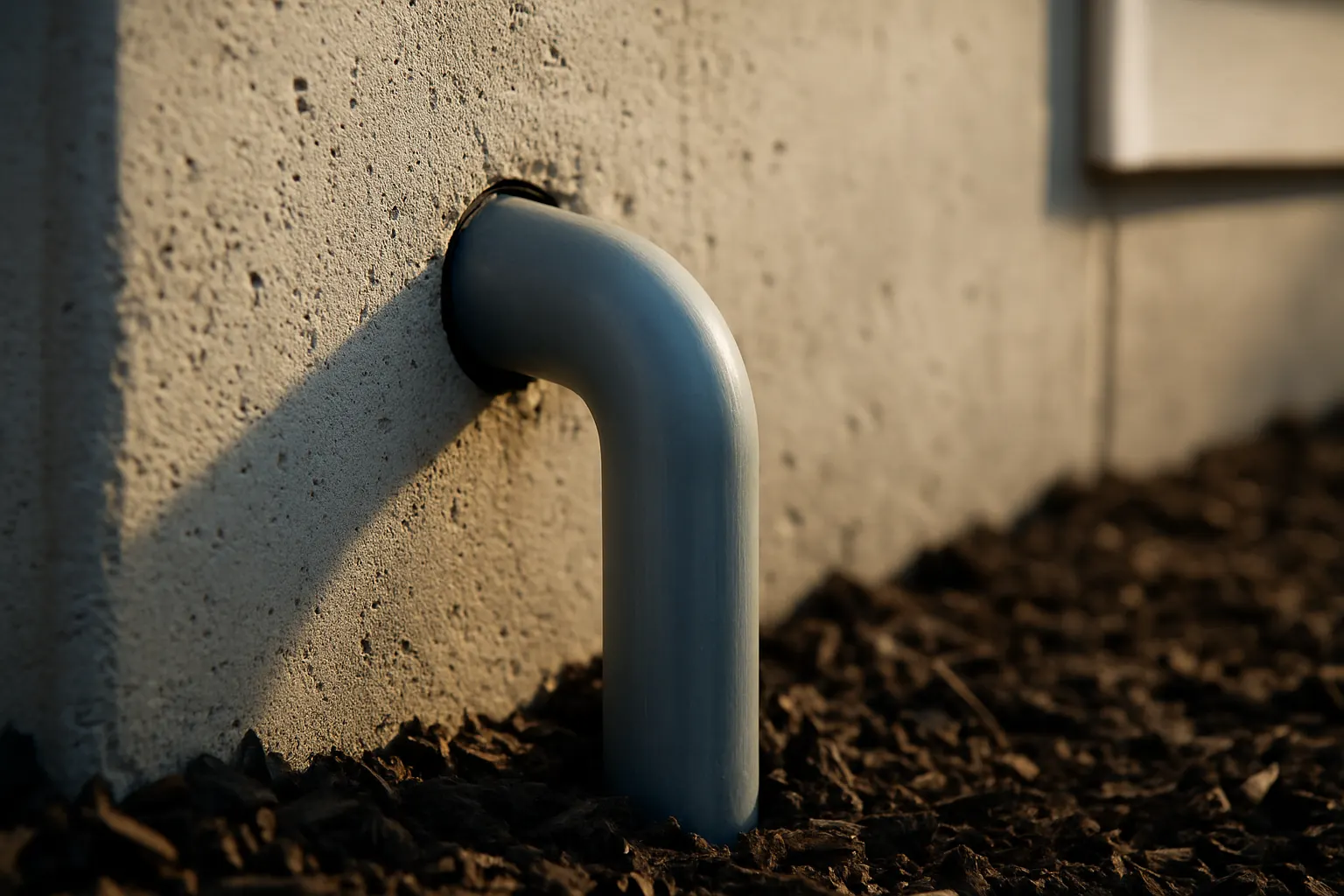 Gap around a utility pipe entering the foundation wall beside a mulch bed