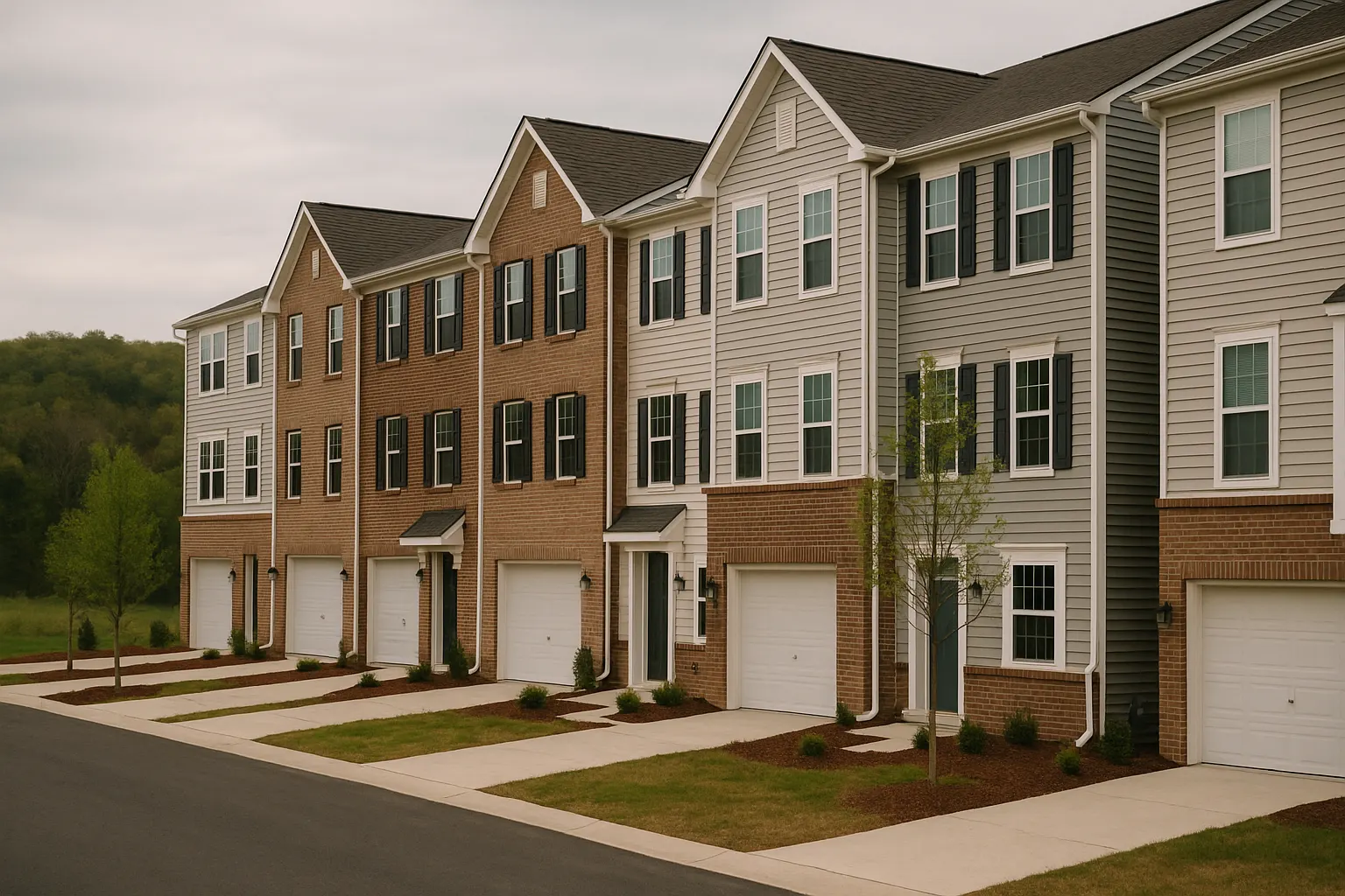 Row of newer three-story townhomes with small front yards in a southeastern Pennsylvania suburb
