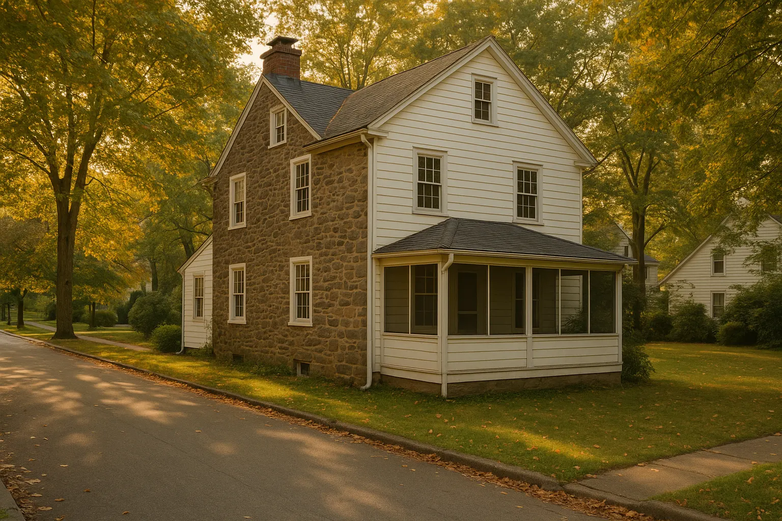 A 1950s stone and clapboard house with a screened side porch on a tree-lined suburban street