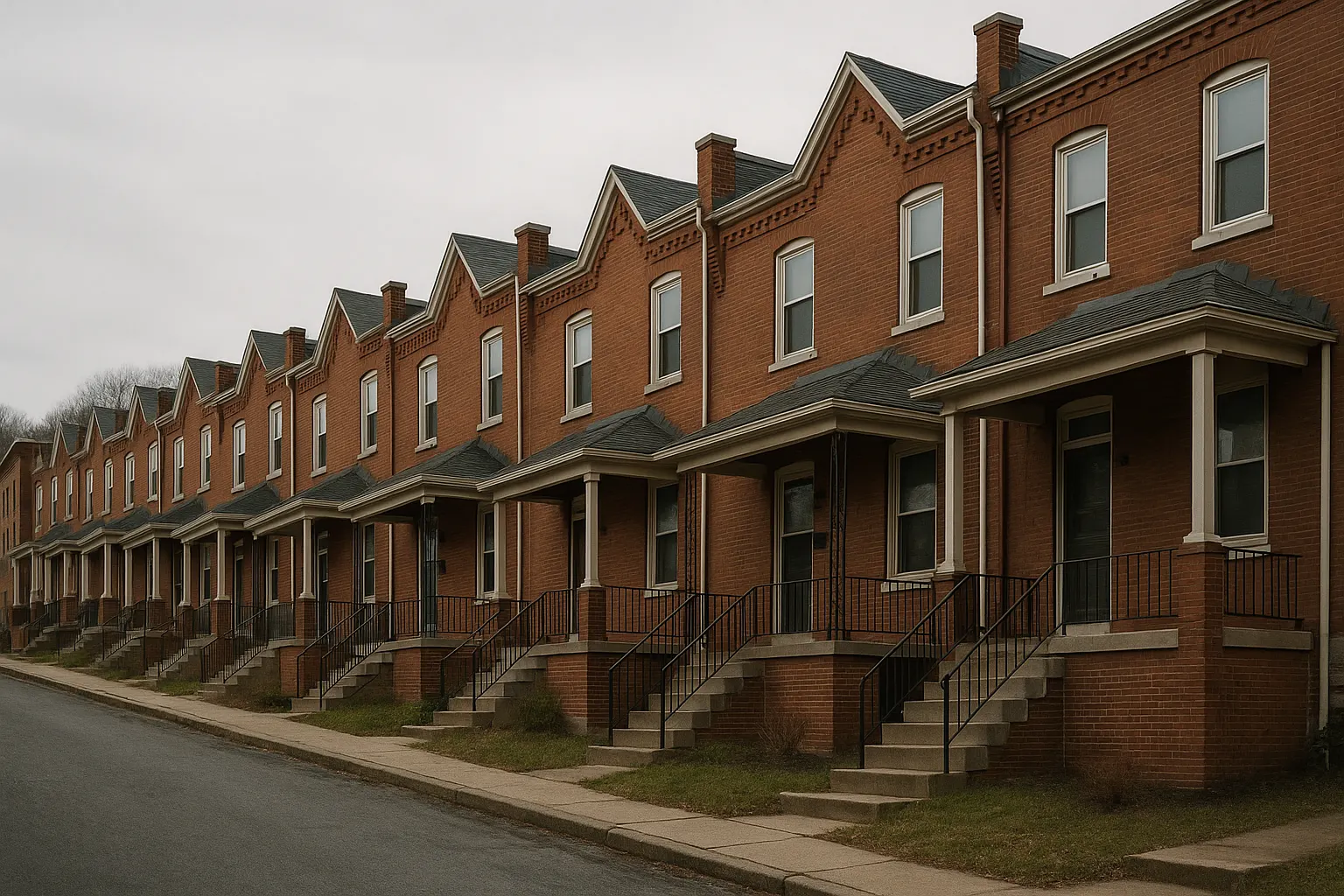 Row of early 1900s brick rowhouses with small front porches on a hillside street in southeastern Pennsylvania
