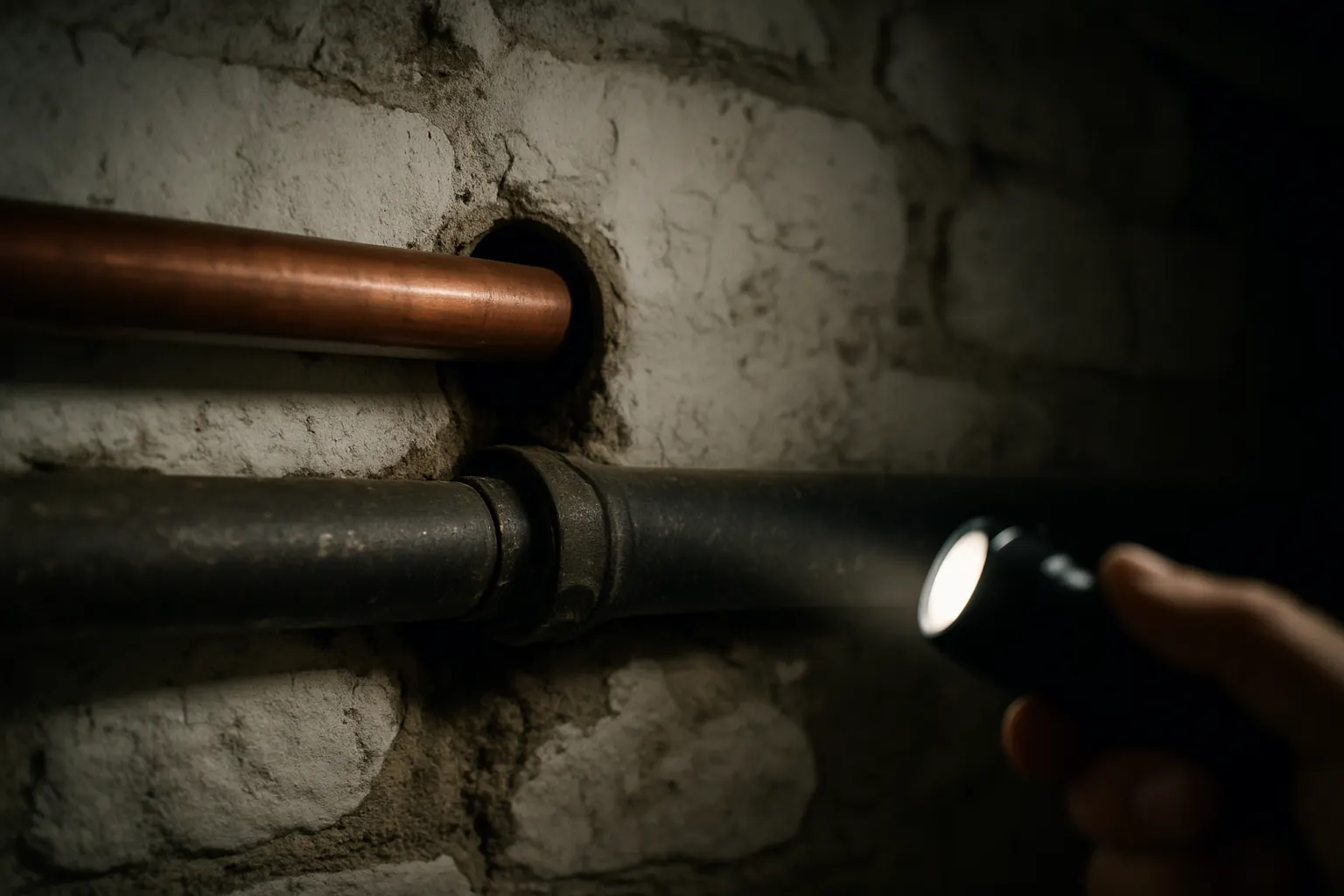Old pipes passing through a whitewashed stone and brick basement party wall with gaps around them