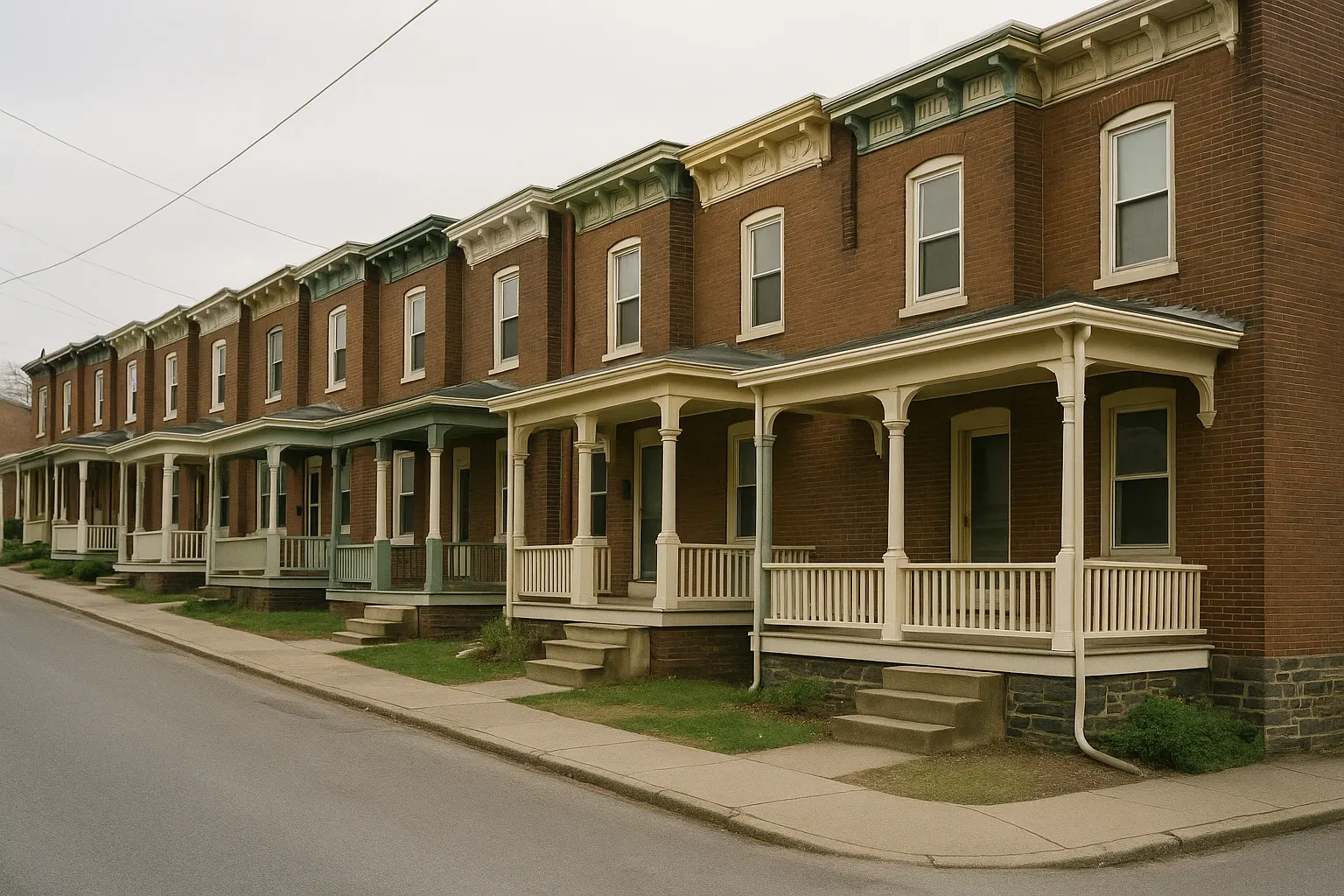 A block of early 1900s brick rowhouses with front porches on a sloping street in southeastern Pennsylvania