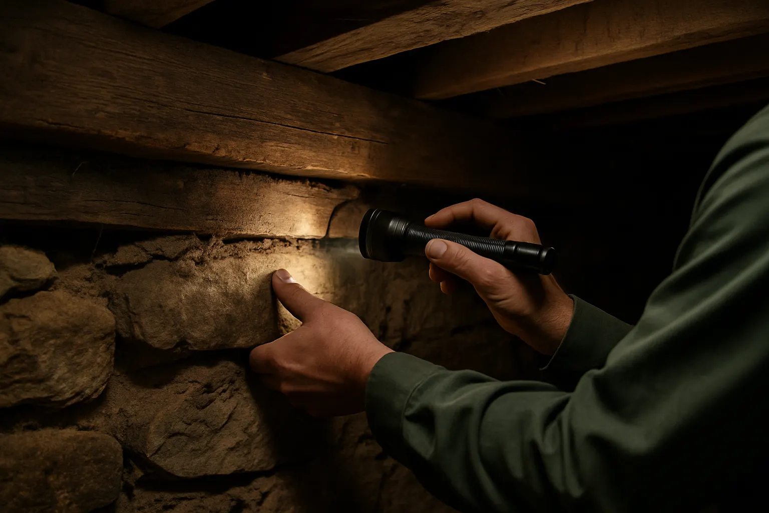 Close view of an old fieldstone basement wall meeting a wooden sill plate, checked with a flashlight