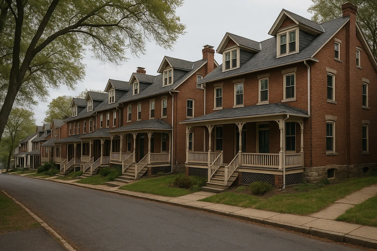Brick twin houses with front porches on a sloped street in an older southeastern Pennsylvania river town