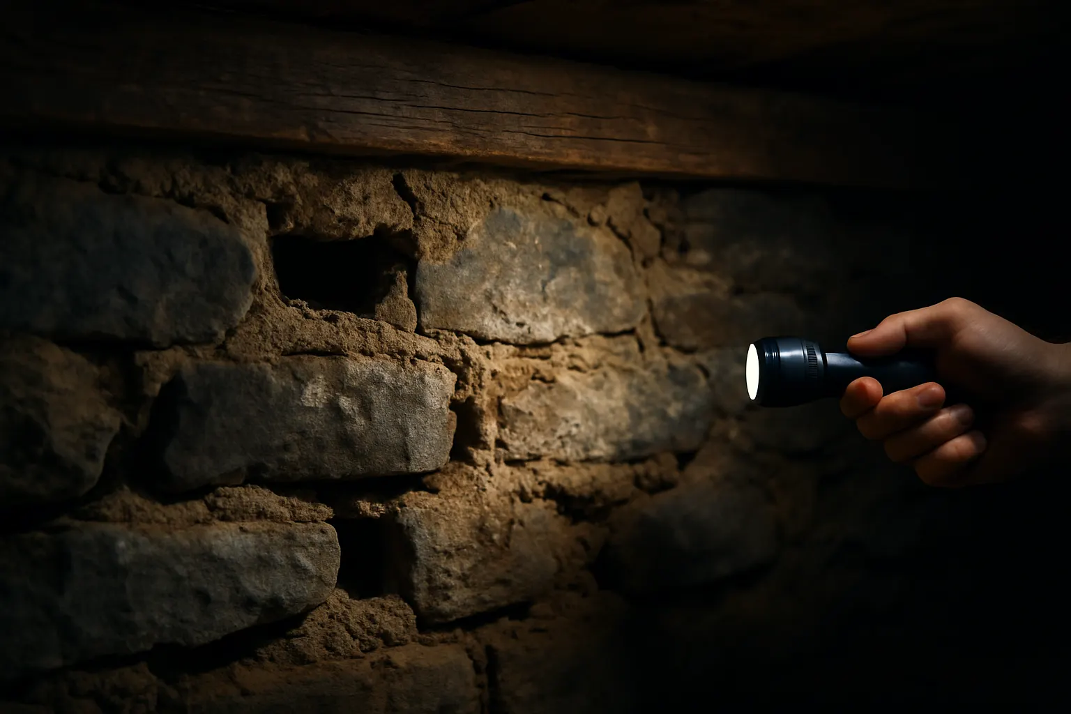 Fieldstone basement wall with crumbling mortar joints and a wood sill above it, lit by a flashlight