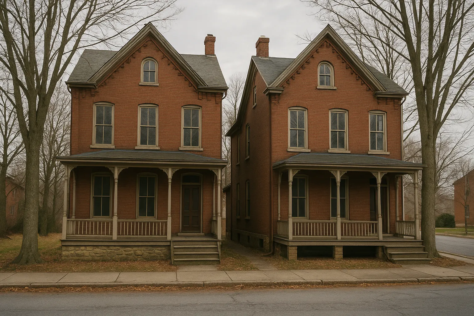 Late 1800s brick twin houses with stone foundations and front porches on a residential street in southeastern Pennsylvania