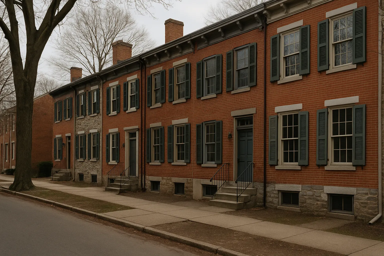 Brick and stone rowhouses with painted wood trim on a tree-lined street in an older southeastern Pennsylvania borough