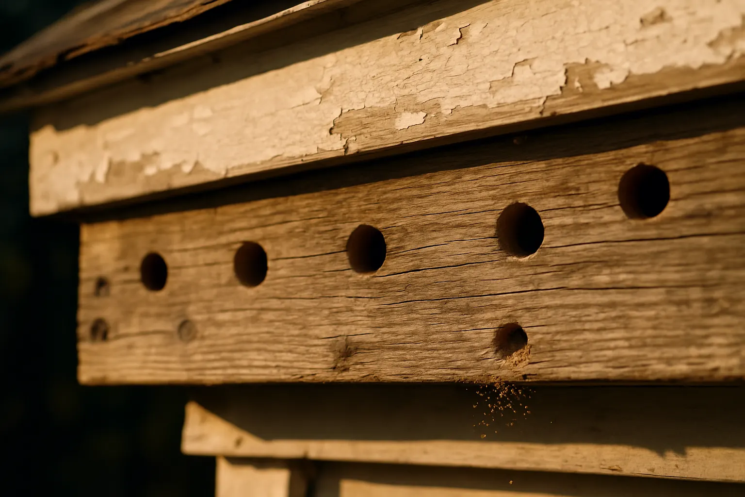 Weathered softwood fascia board on an older house showing round carpenter bee holes