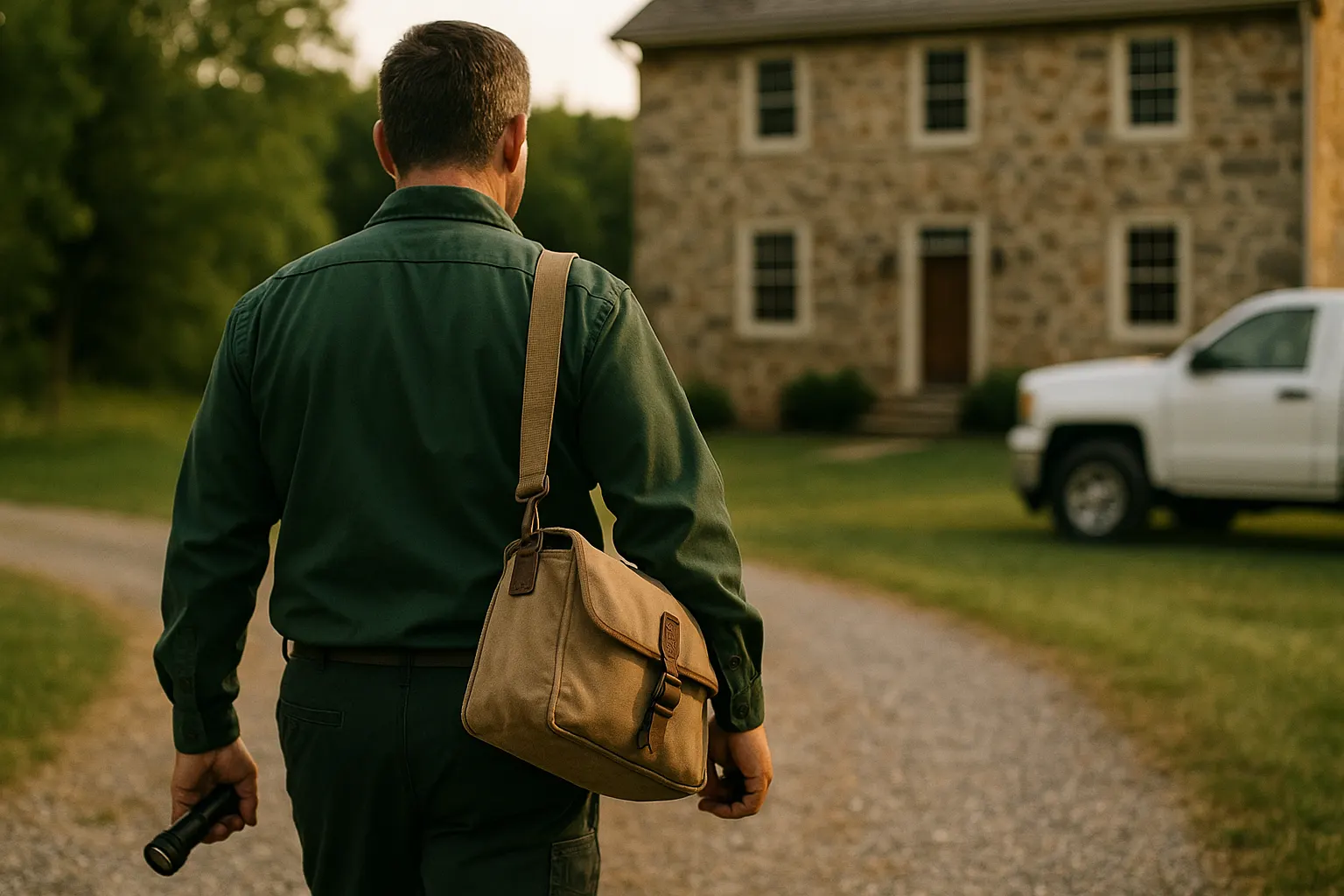A pest control technician seen from behind walking up a driveway toward a farmhouse with a toolbag