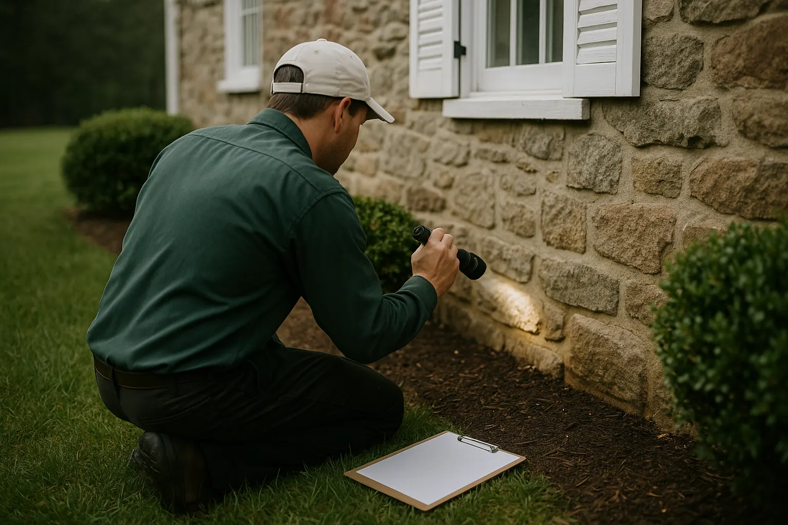 Technician in a green work shirt inspecting the stone foundation of a Chester County farmhouse with a flashlight