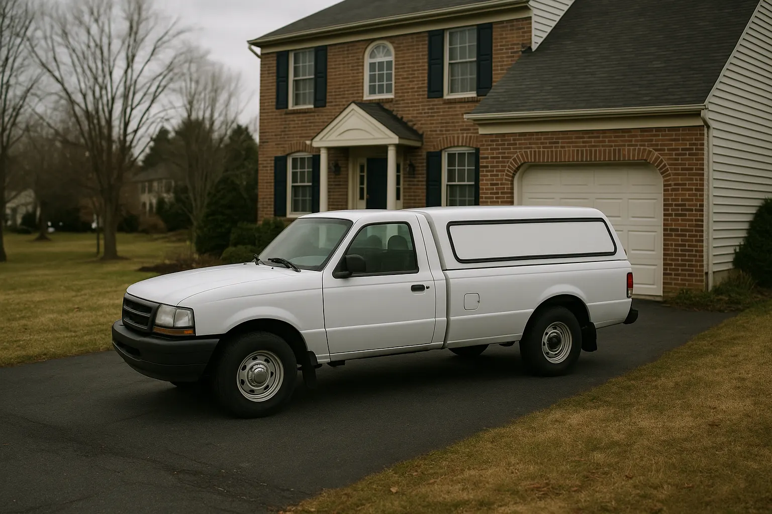 A plain white work truck with no markings parked in a residential driveway