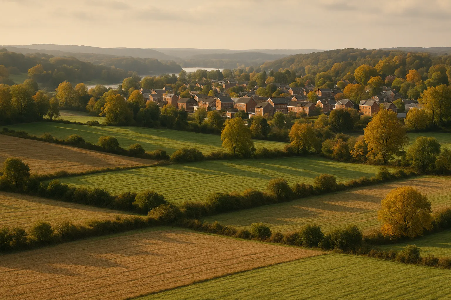 Rolling southeastern Pennsylvania farmland and a small town along a river valley in late-afternoon light