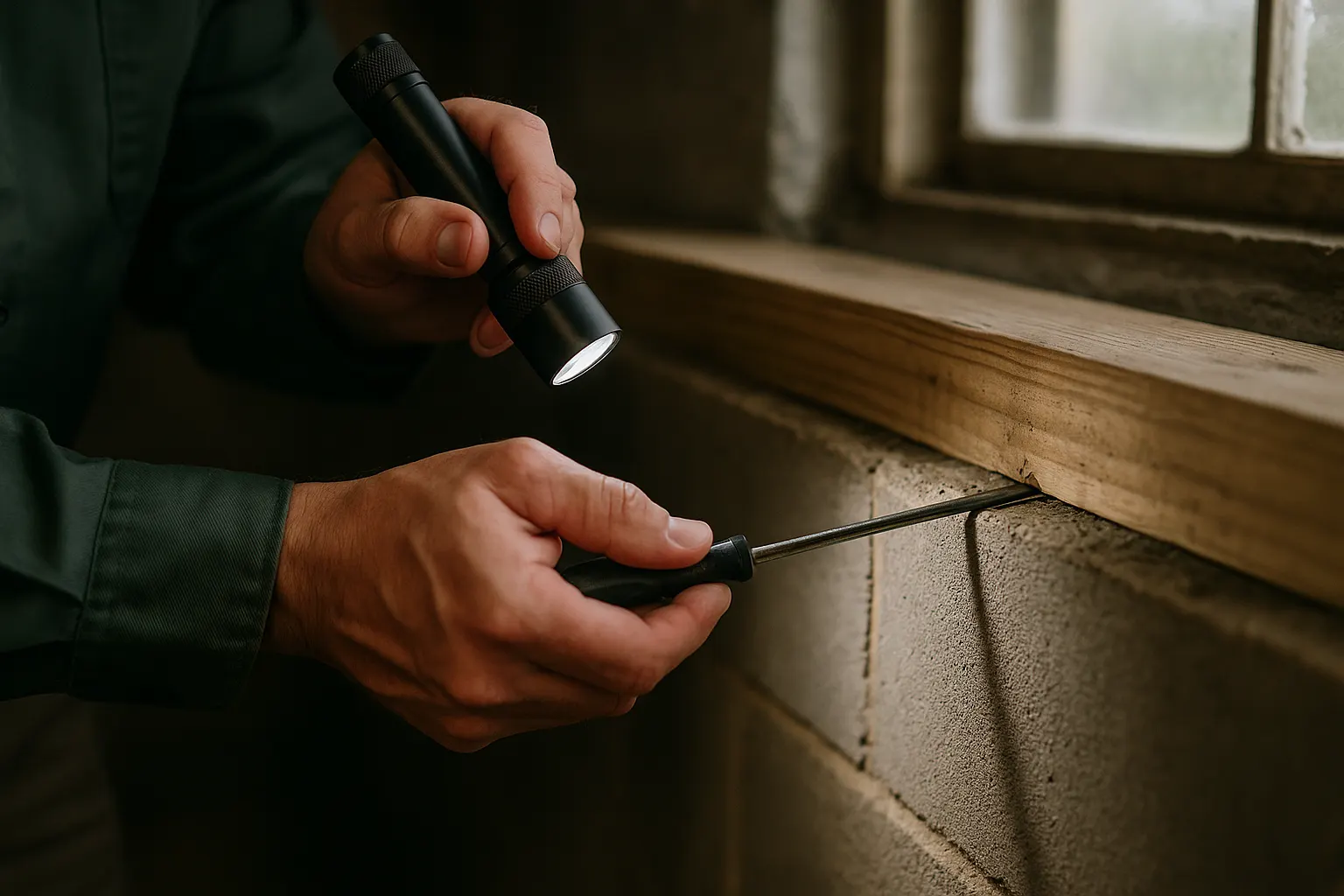 Hands holding a flashlight and probing a wooden sill plate in a basement