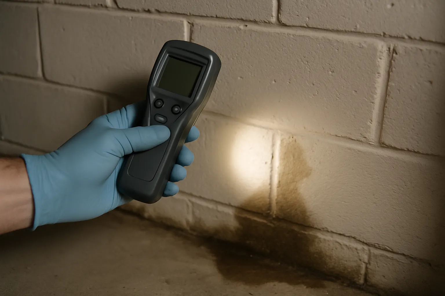 A moisture meter held against a basement wall next to a flashlight beam