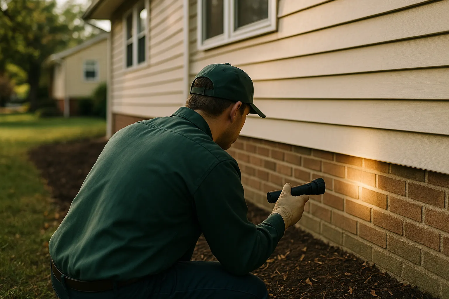 A technician seen from behind inspecting the foundation of a split-level house with a flashlight
