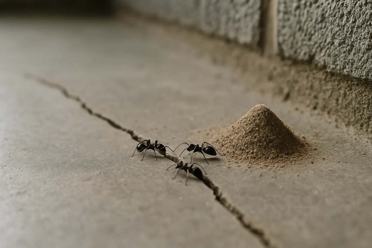Small pile of fine sand beside a crack in a concrete basement slab where pavement ants are entering