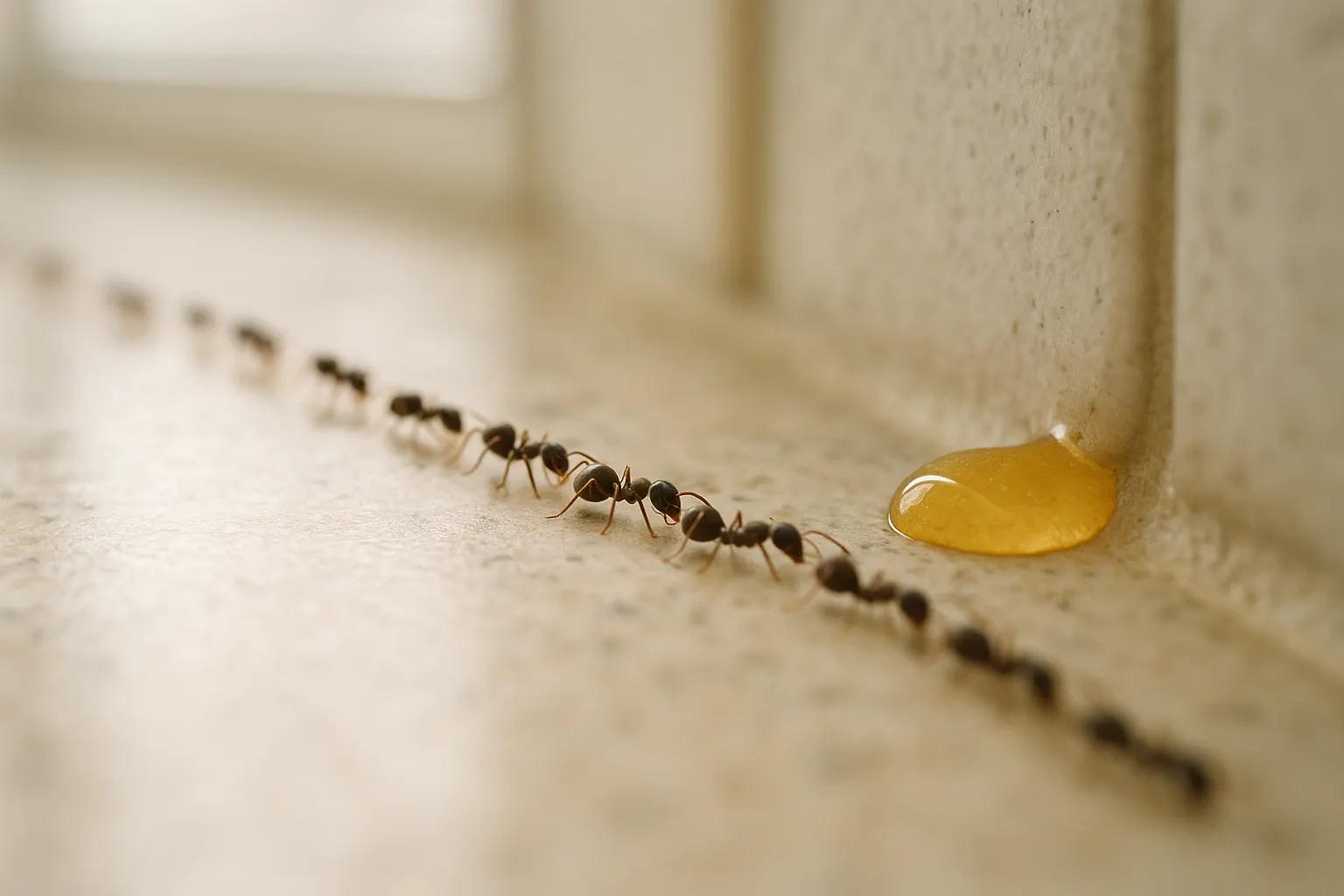 Macro photo of small dark odorous house ants in a single-file trail along a kitchen countertop edge