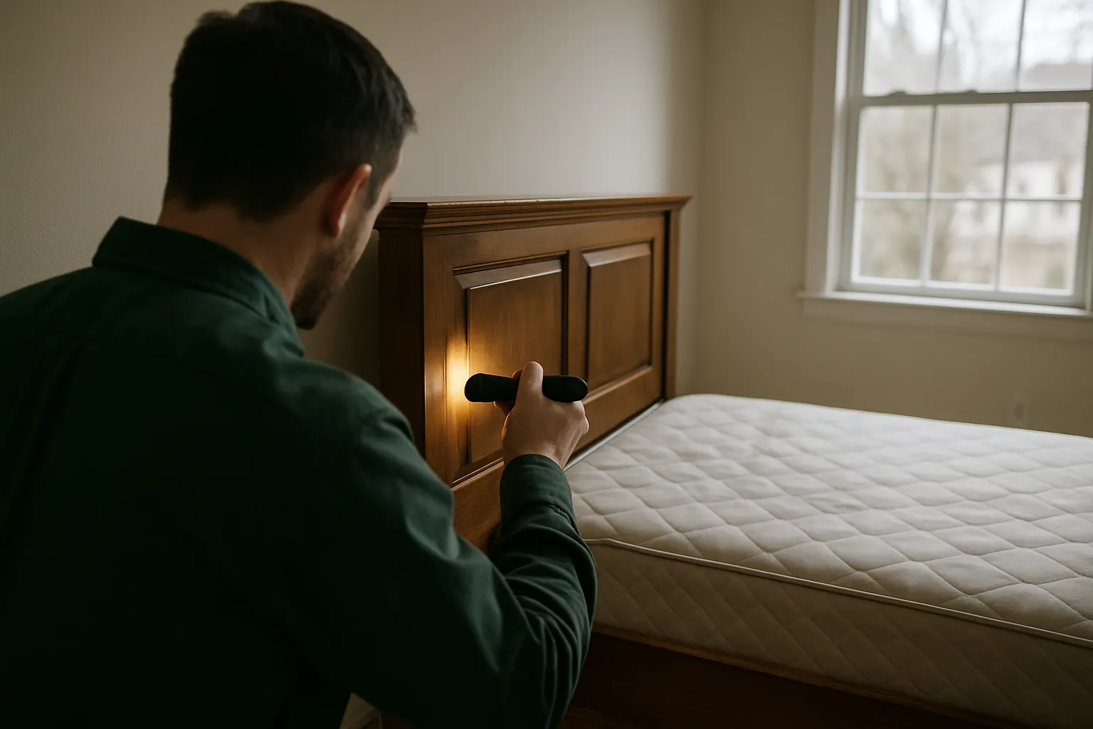 Technician seen from behind inspecting a wooden headboard joint with a flashlight