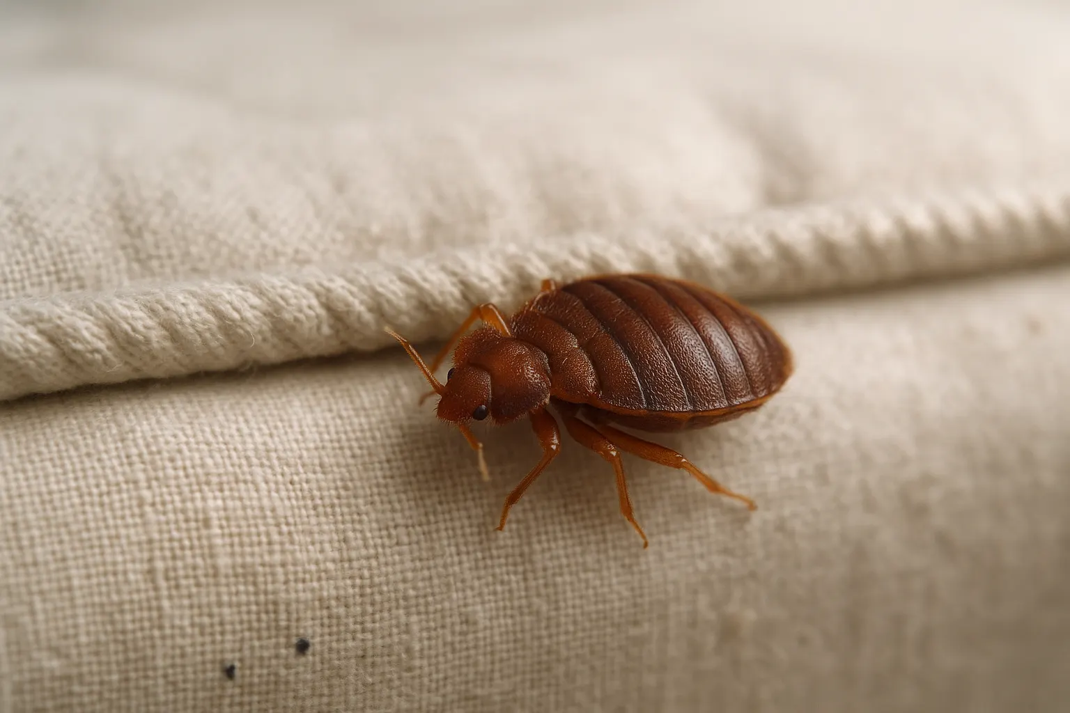 Adult bed bug beside dark spotting on the piped seam of a light mattress