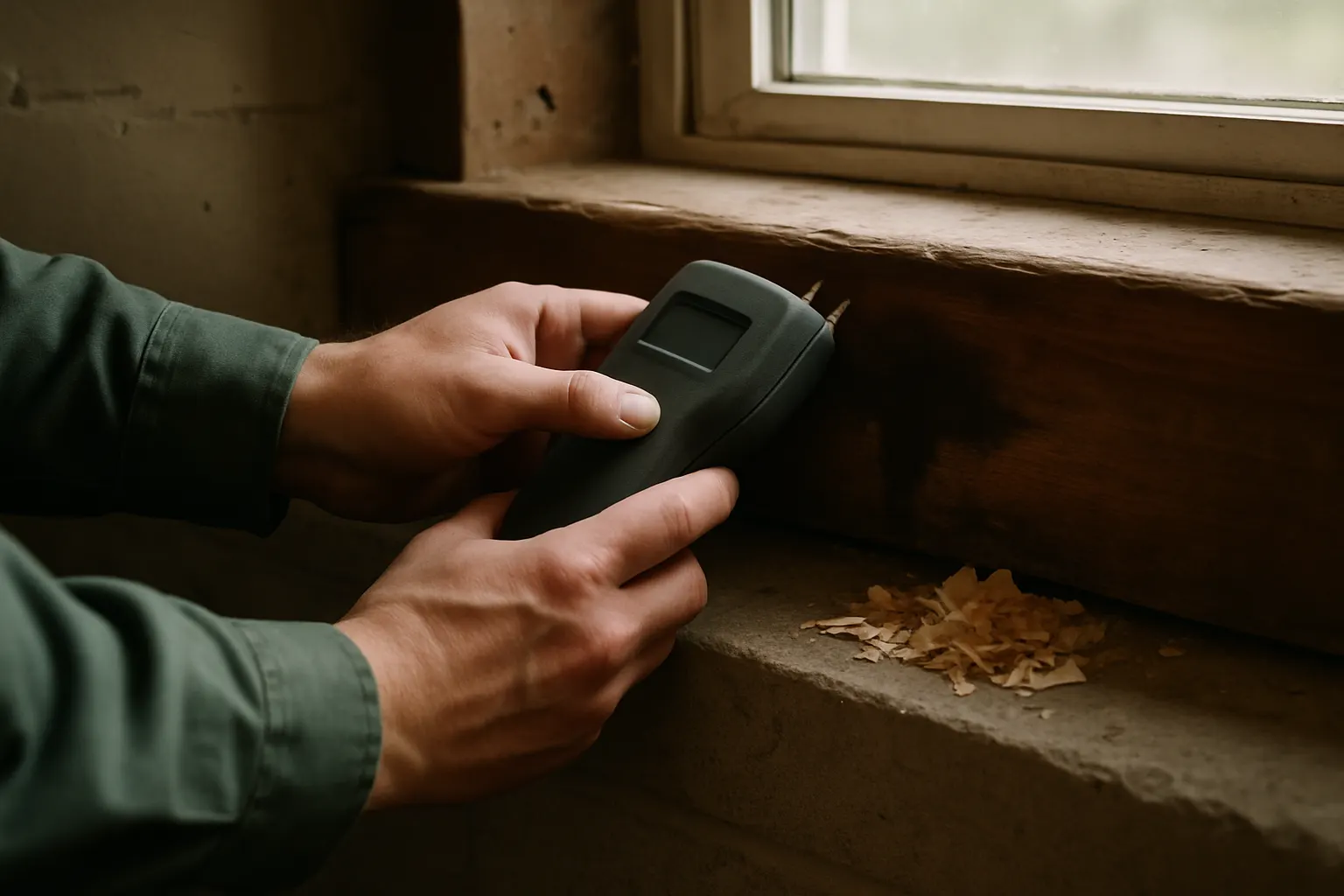 Hands holding a moisture meter against a water-stained wooden sill plate under a basement window