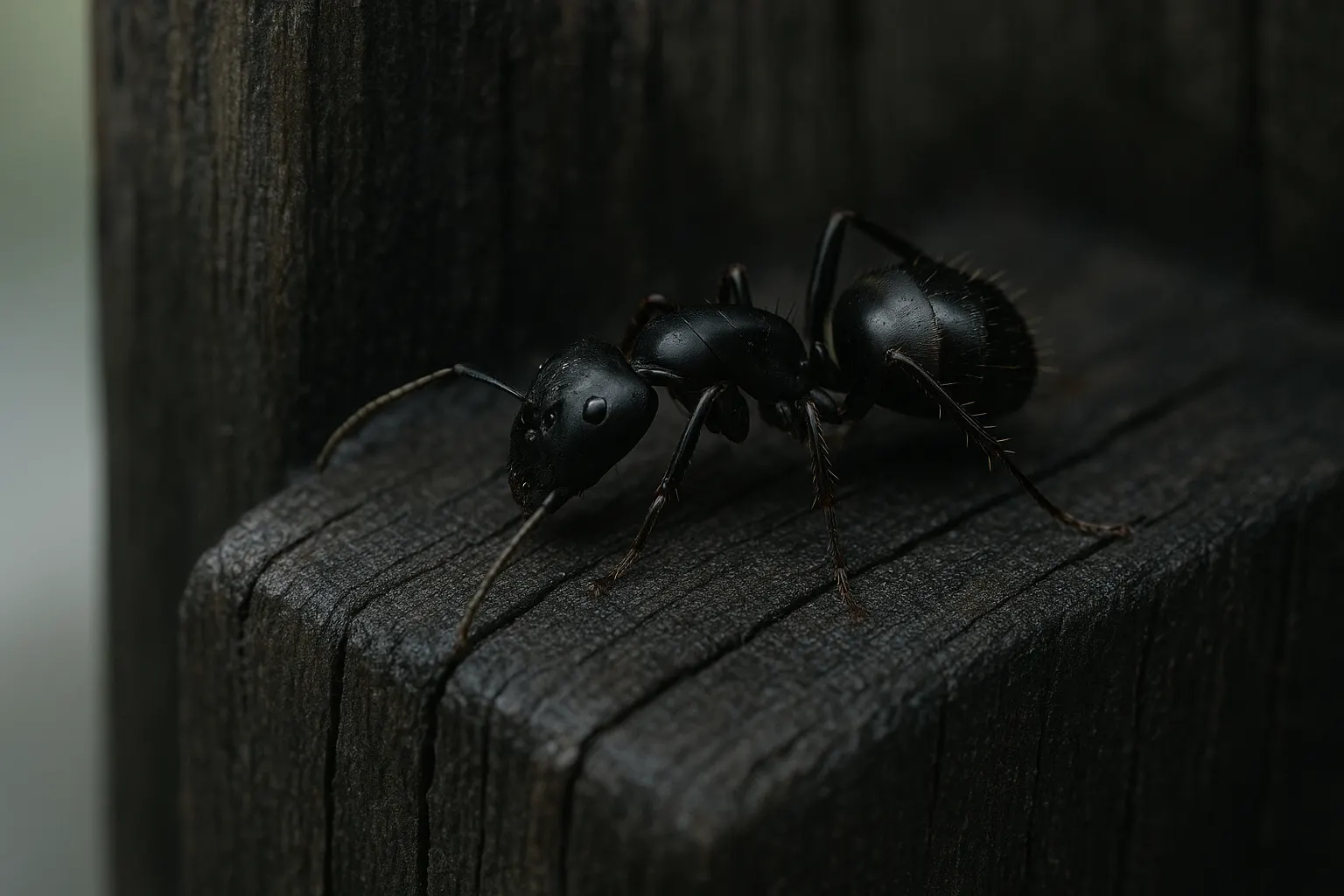 Macro photo of a large black carpenter ant on weathered, damp wood