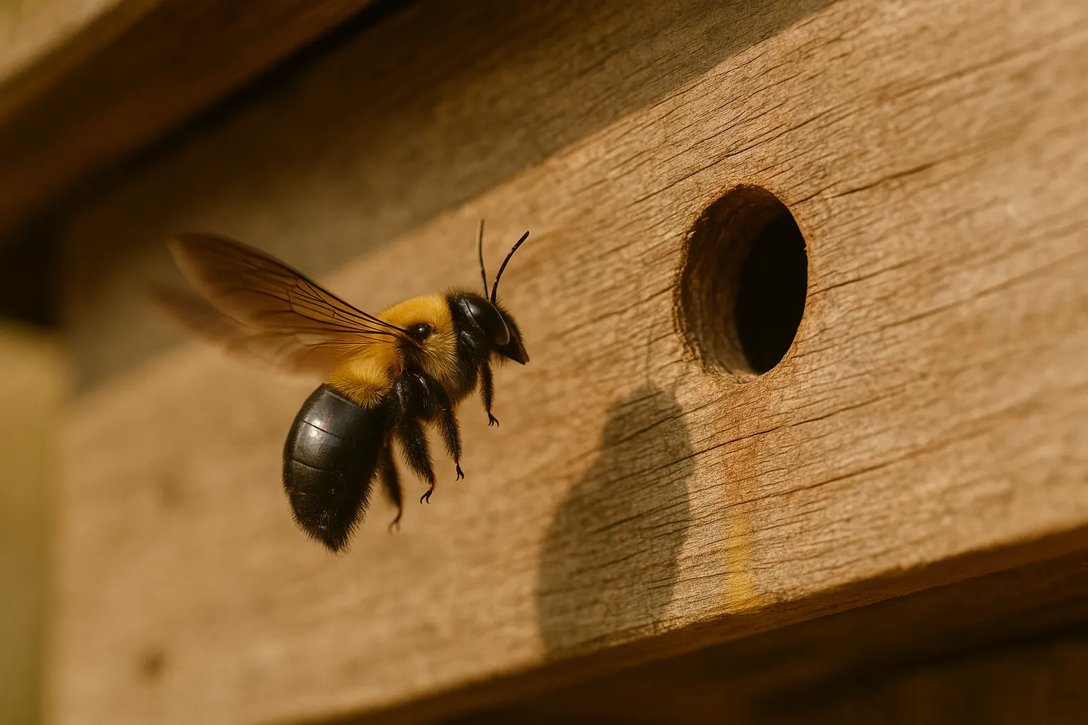 Eastern carpenter bee hovering beside a round hole in a weathered wooden fascia board