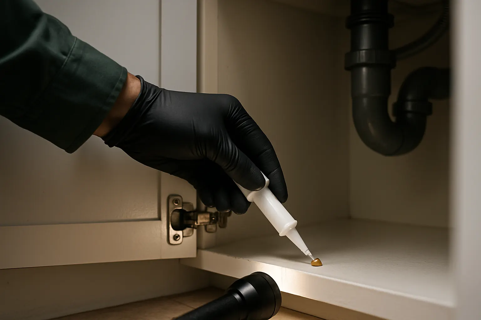 Gloved hand applying a small dab of gel bait into the hinge gap of a kitchen cabinet
