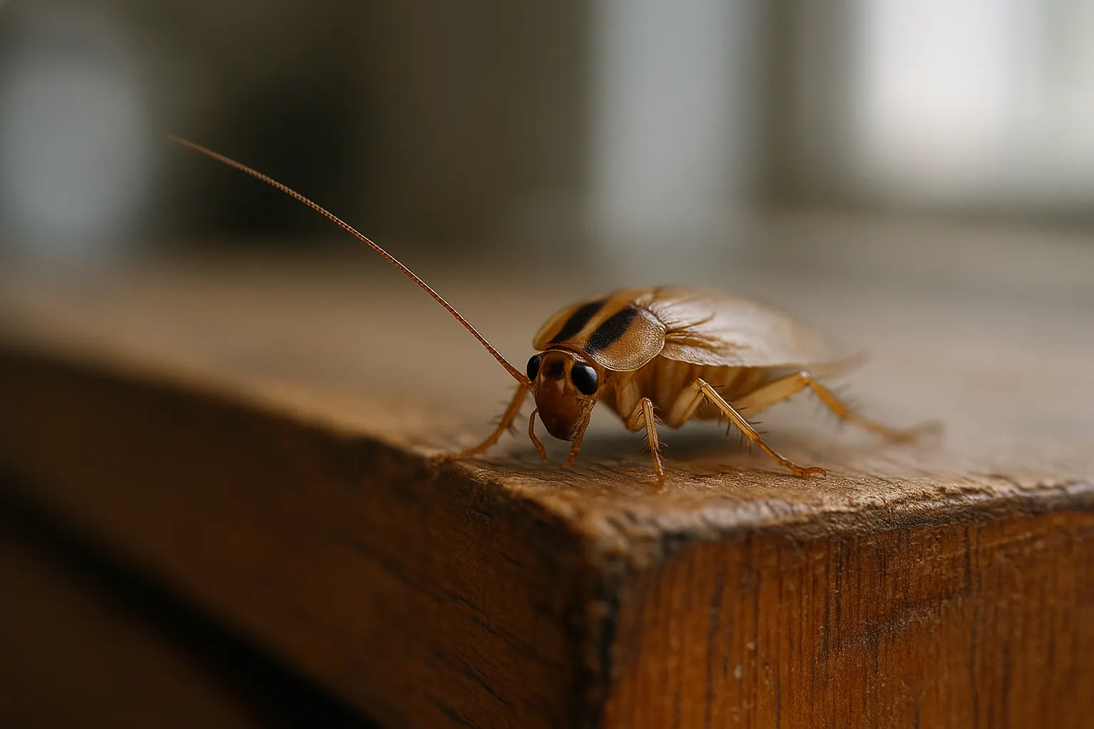 German cockroach on a wooden cabinet edge showing the two dark stripes behind its head