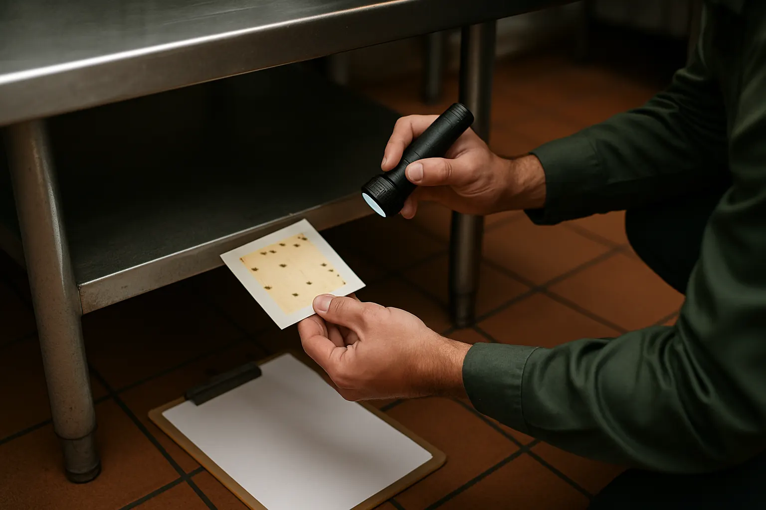Technician's hands checking a sticky monitor under a stainless steel prep table with a flashlight