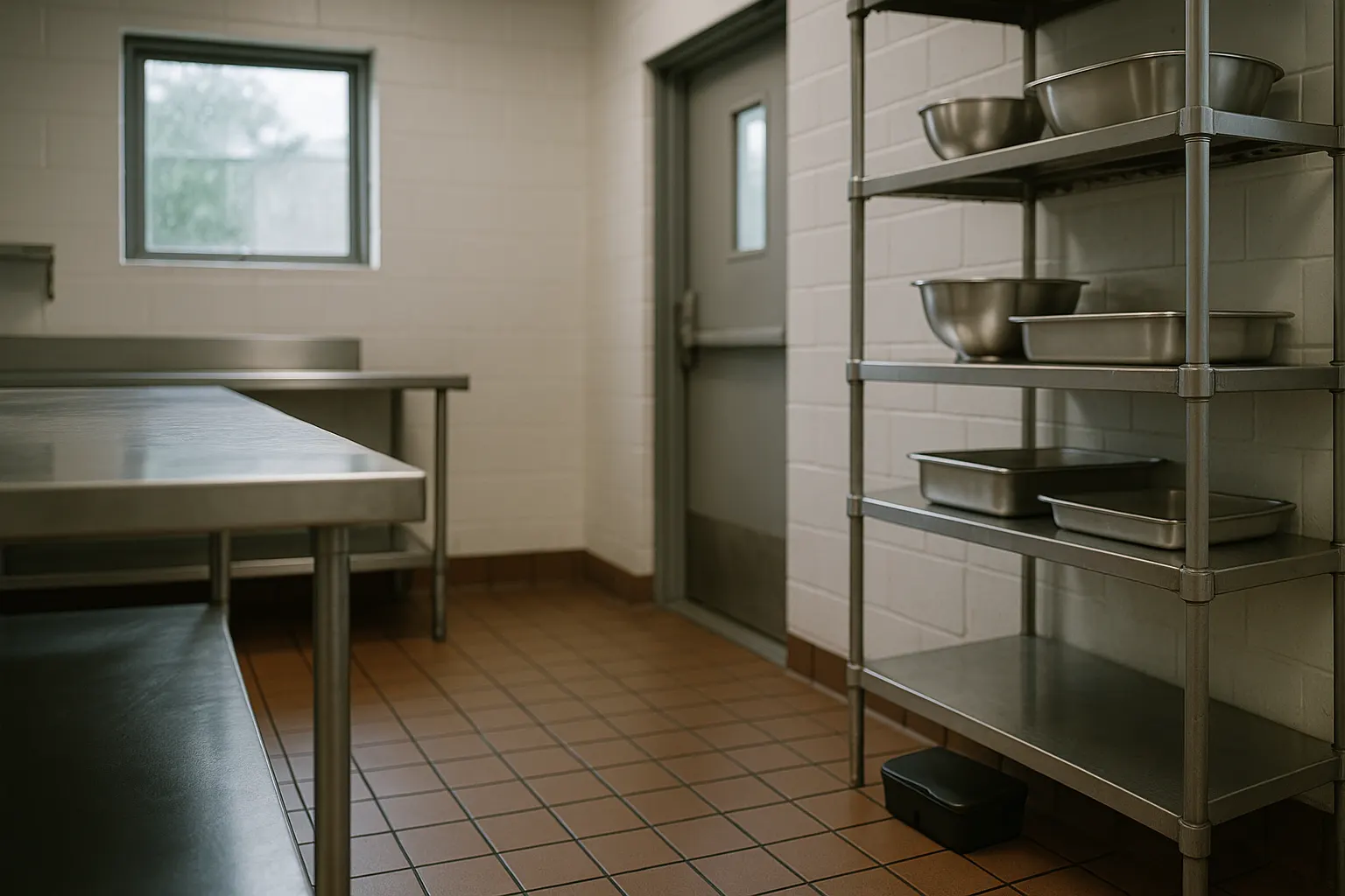 Stainless steel commercial kitchen back of house with a rodent monitoring station along the wall