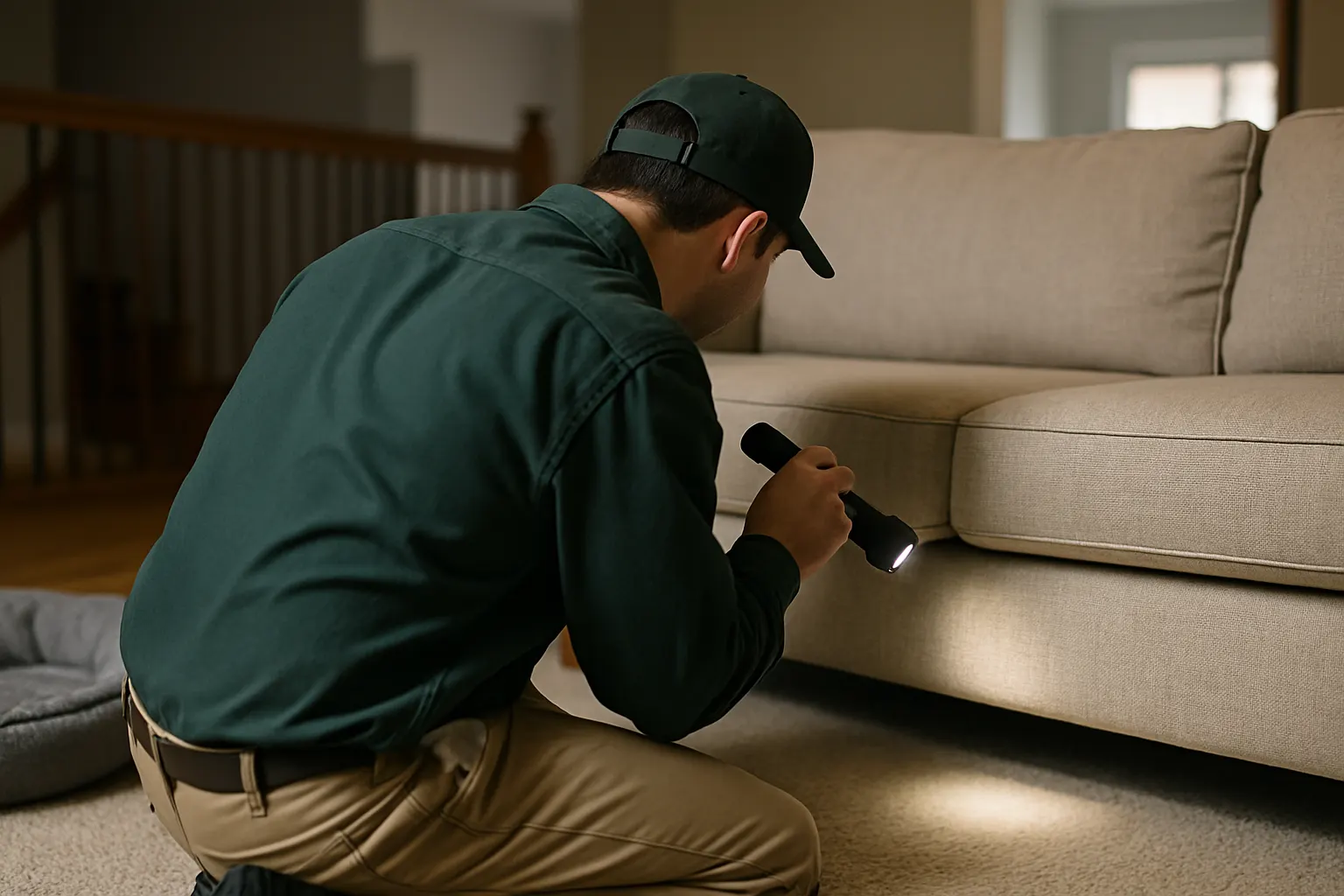 Technician seen from behind inspecting carpet edges beside a couch with a flashlight