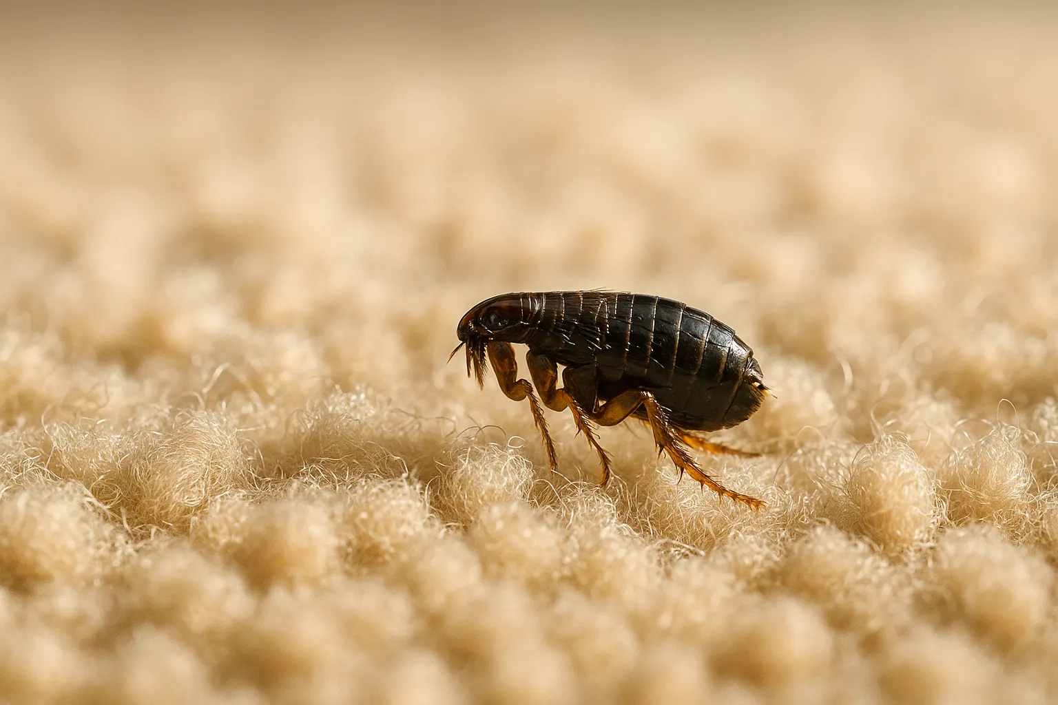 Adult cat flea on light beige carpet fibers in close macro view