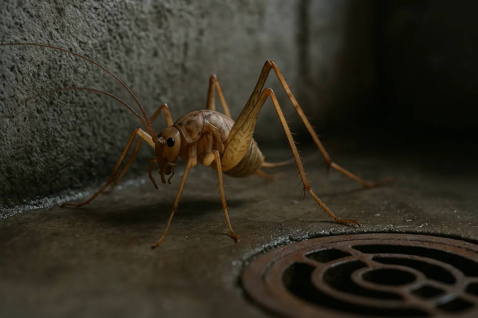 Camel cricket on a damp gray concrete block basement wall