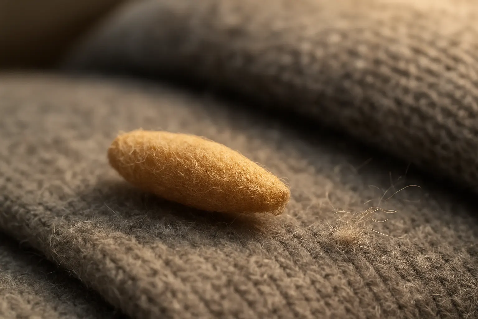 Close view of a casemaking clothes moth larva case on a gray wool sweater