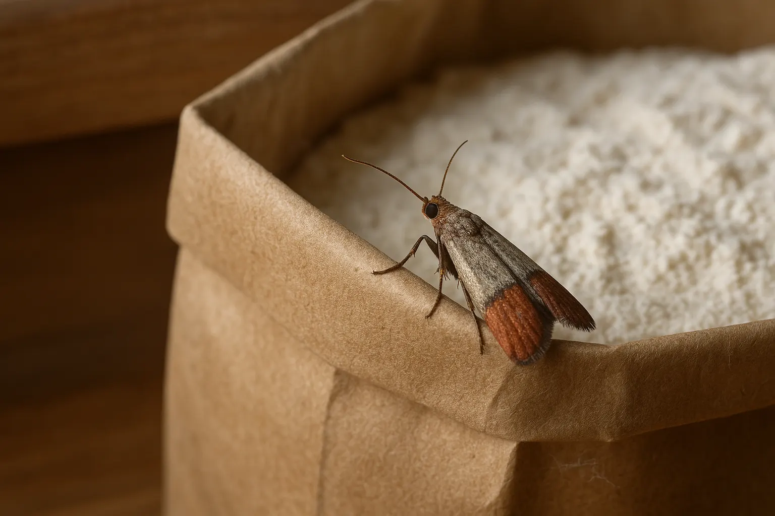 Indian meal moth resting on the edge of an opened paper flour bag with silk webbing inside