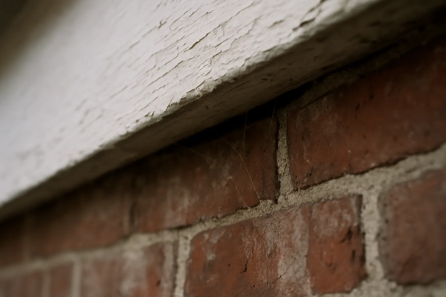 Close view of a gap between a wooden soffit and brick wall on an older attached house
