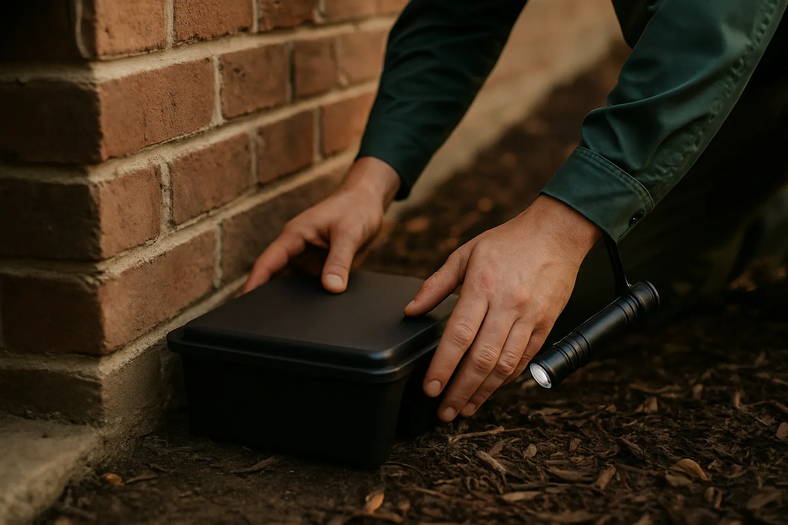 Hands placing a black tamper-resistant bait station against a brick foundation beside a mulch bed