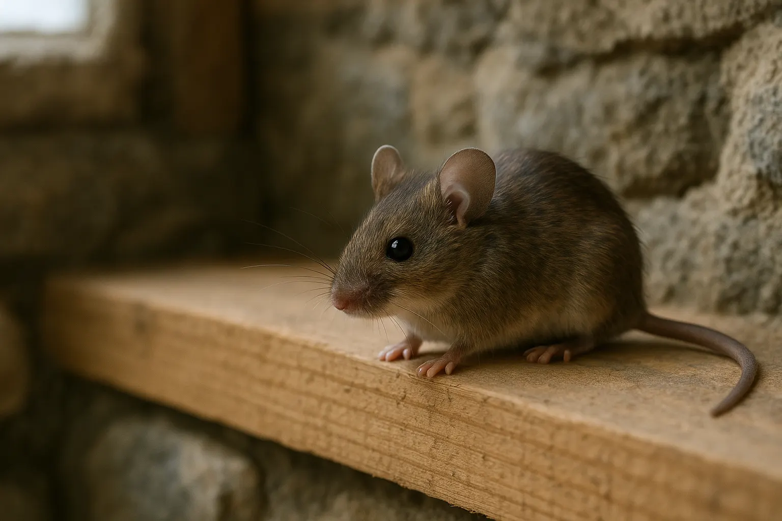 House mouse on a basement sill plate above an old fieldstone foundation wall