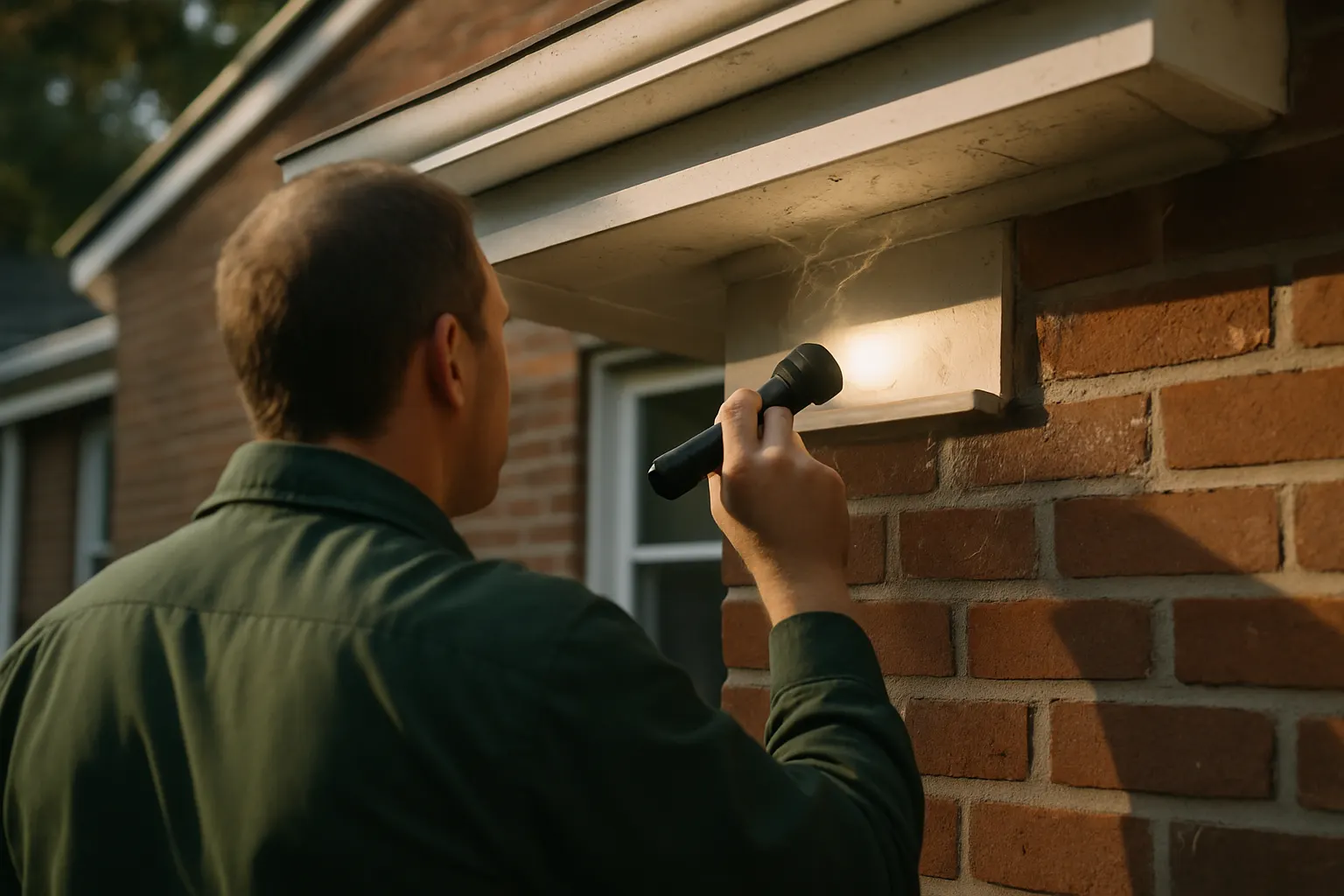 Technician's hands with a flashlight inspecting webs along a soffit and eave