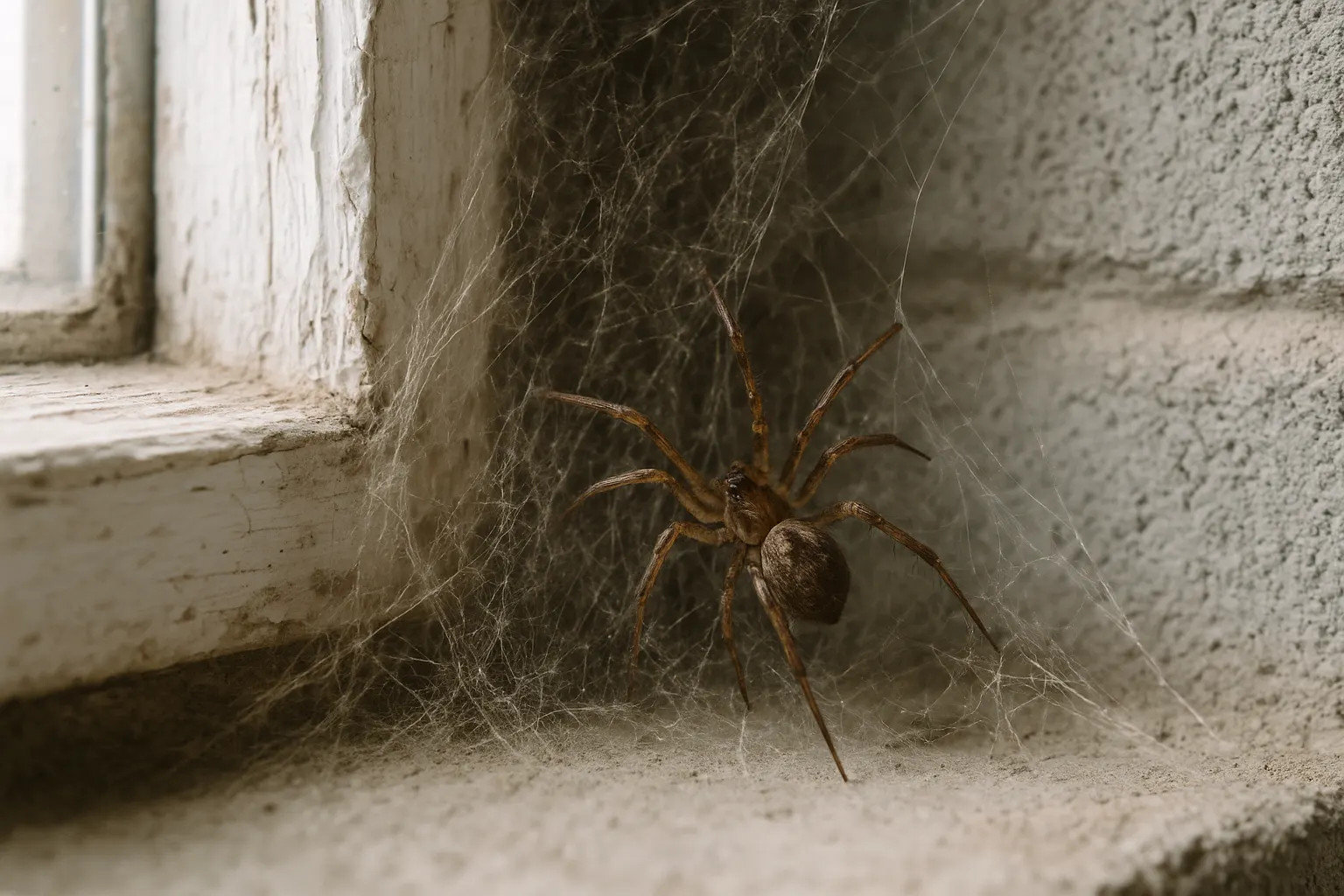 Common house spider in a cobweb in the corner of a basement window