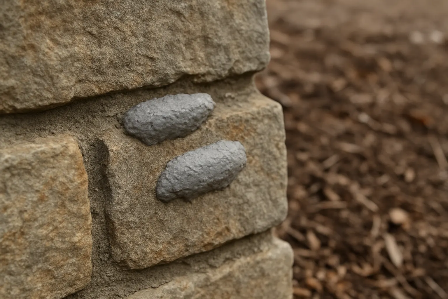 Gray spotted lanternfly egg masses on a fieldstone wall